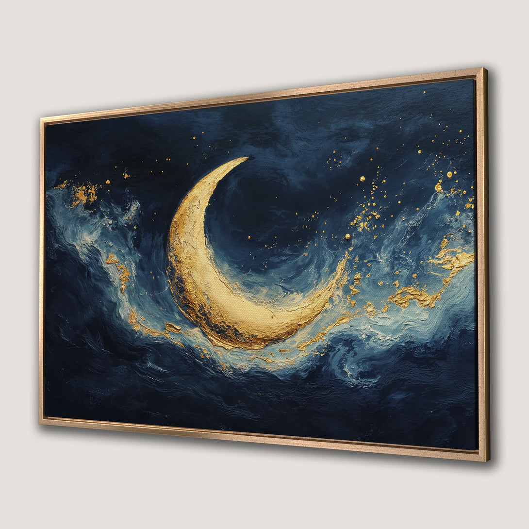 Framed Wall Art featuring a golden crescent moon against a dark blue, abstract background. Modern, textured style with gold accents.