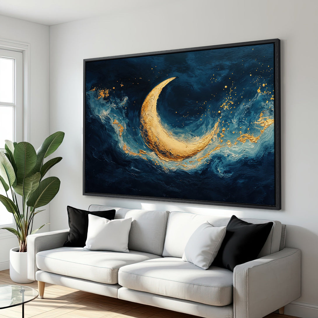 Framed Wall Art: Abstract moon canvas print in blue & gold. Modern art for your living room. Shop now and elevate your space!