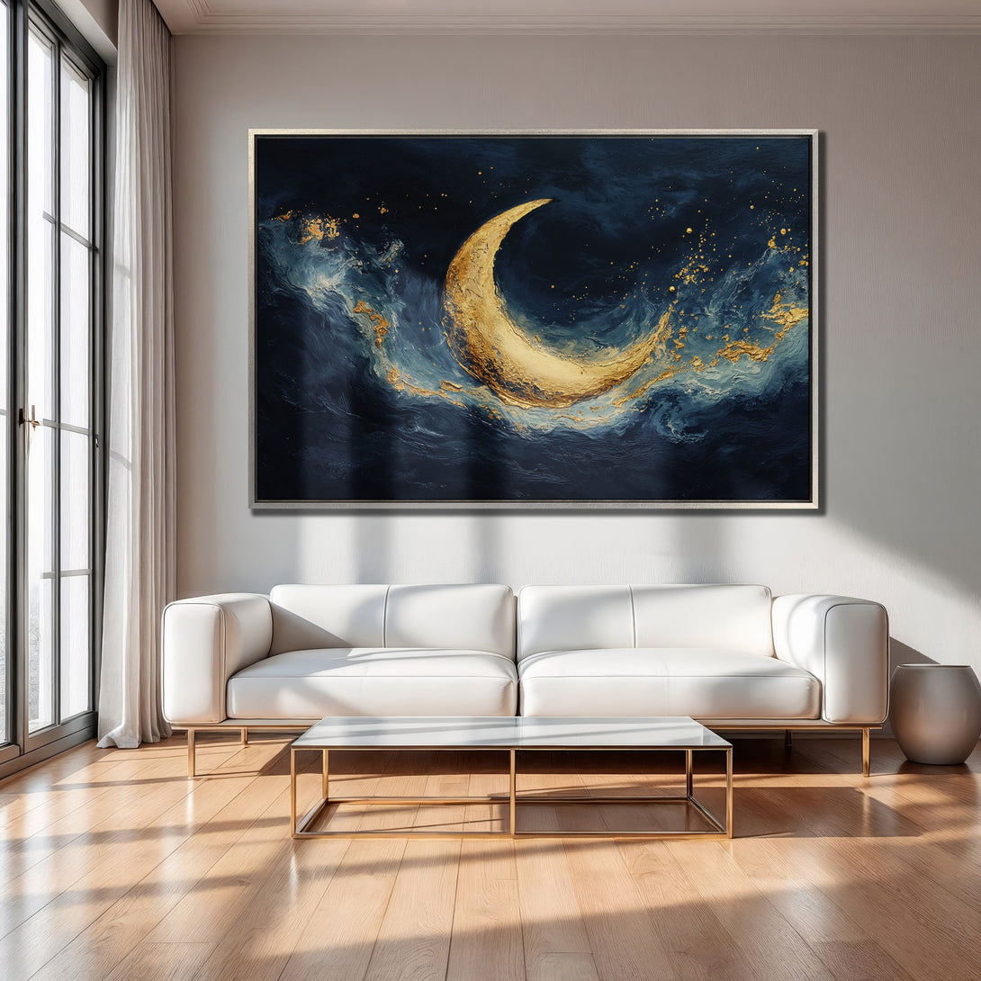 Framed Wall Art: Abstract moon art in navy, gold, and blue. Modern canvas print adds a touch of luxury to any living room.