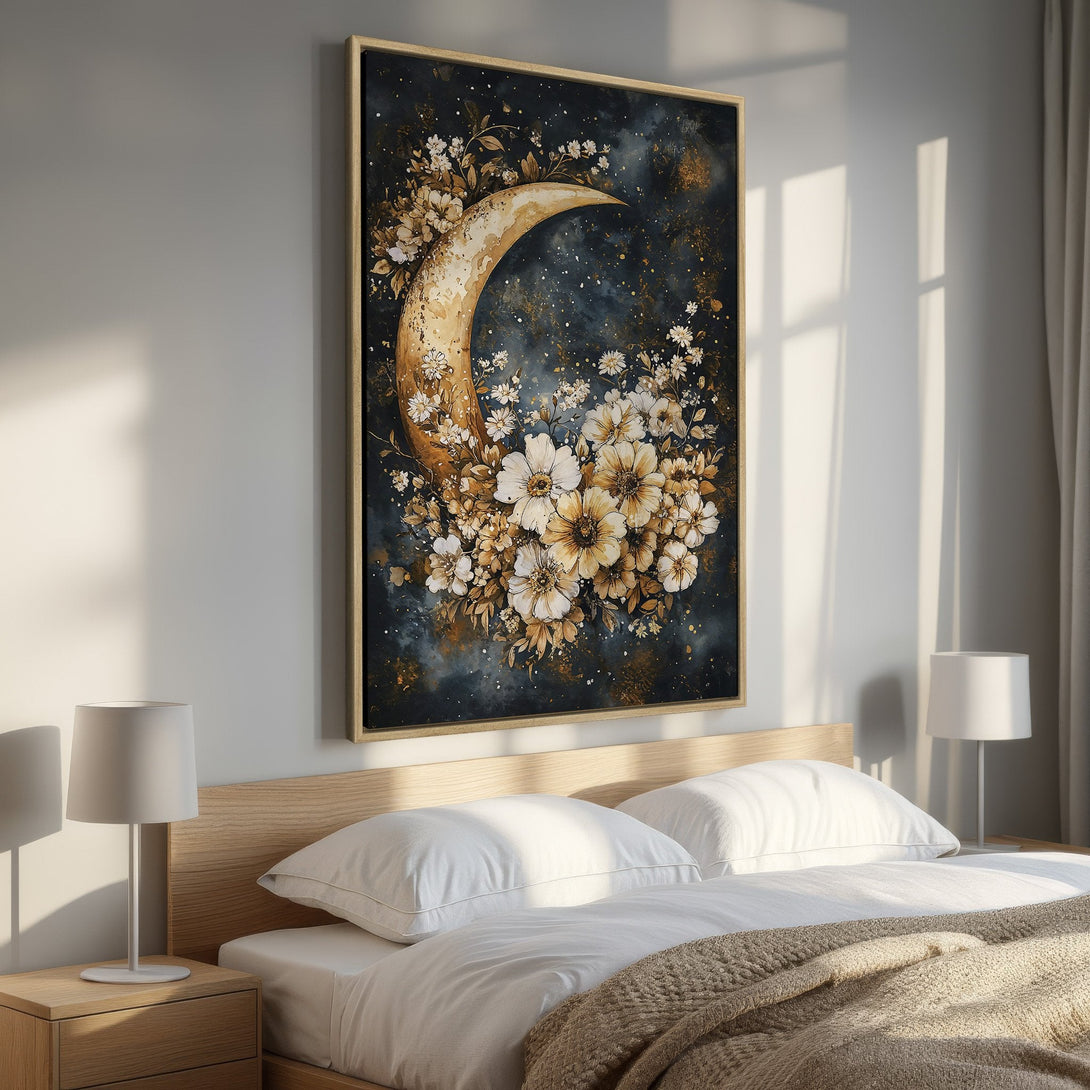 Framed Wall Art featuring a floral moon design in a dark, moody style. Gold, white, and navy color palette, perfect for bedroom decor.