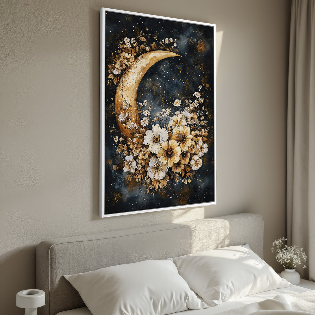 Framed Wall Art featuring a celestial moon and floral design in a watercolor style with a dark blue and gold color palette, perfect for bedroom decor.