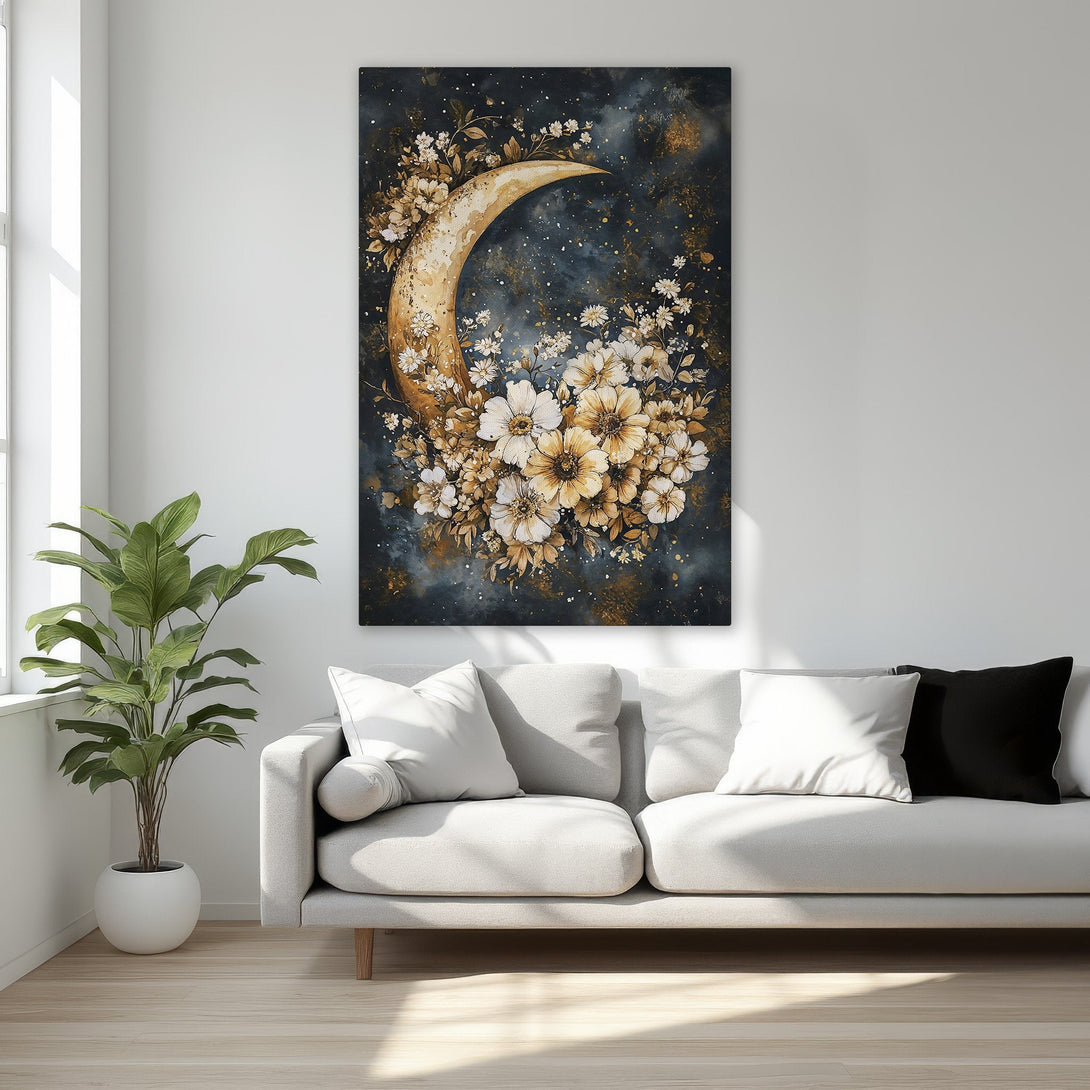 Framed Wall Art: Elegant moon and floral design in a dark, moody color palette. Perfect bedroom decor, adds a touch of sophistication.