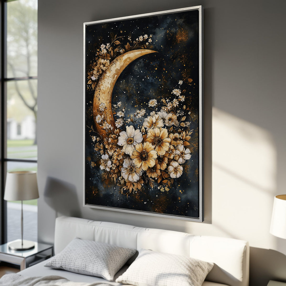 Framed Wall Art: Watercolor moon and floral design. Dark blue and gold color palette. Perfect for bedroom decor.