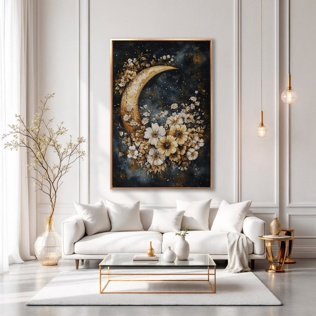 Framed Wall Art: Watercolor moon & floral print in a modern living room. Features a gold & black color palette, adding a touch of elegance to any space.