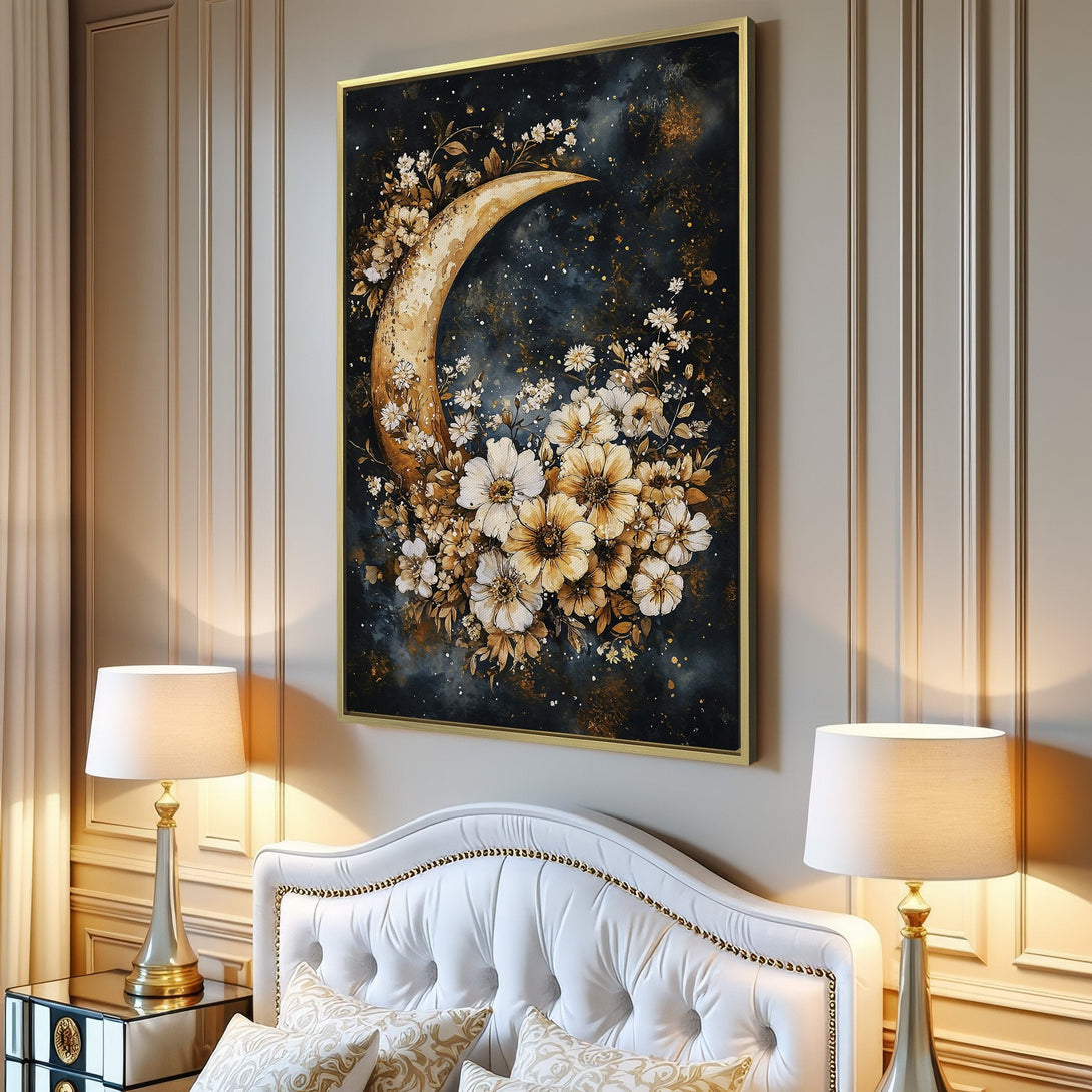 Canvas Print featuring a celestial moon and floral design. Watercolor style with a dark blue, gold, and cream color palette. Perfect wall art!