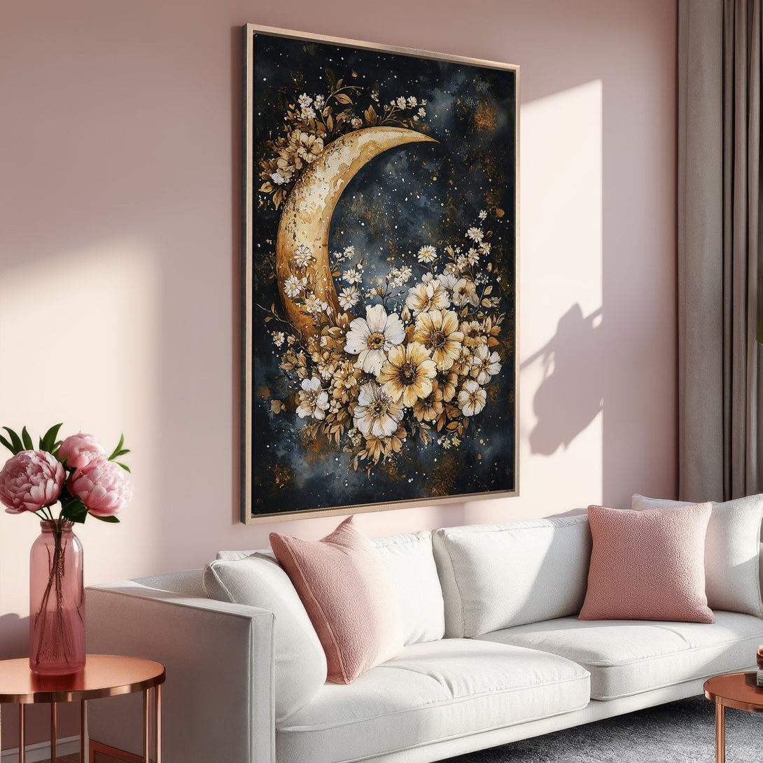 Framed Wall Art: Celestial moon and floral design in gold and white on a dark blue background. Modern art for a stylish living room.