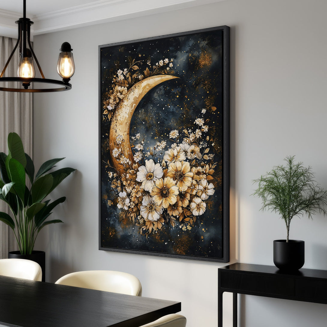 Framed Wall Art featuring a celestial moon and floral design in a watercolor style, with a gold and navy color palette. Perfect for modern home decor.