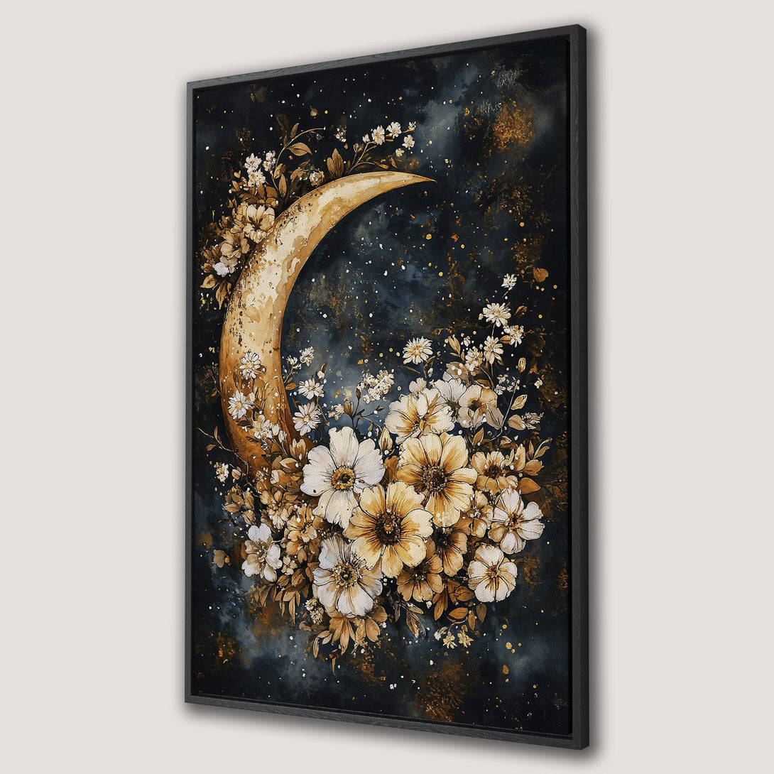 Framed Wall Art featuring a crescent moon and floral arrangement. Watercolor style with a dark blue and gold color palette, perfect for adding elegance.