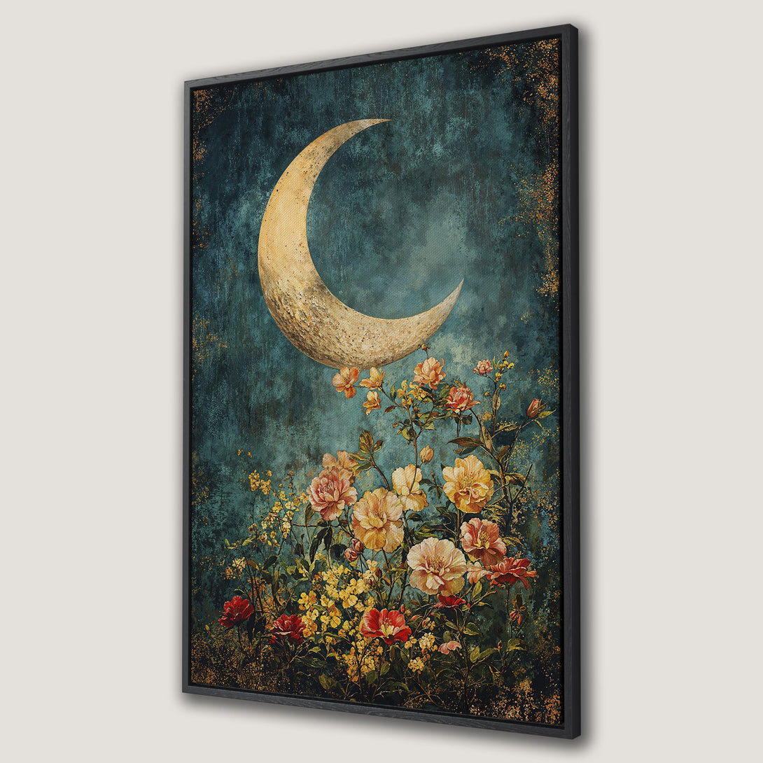 Framed Wall Art featuring a celestial design with a moon and floral arrangement. Moody teal and gold color palette, perfect for adding a touch of elegance to any space.