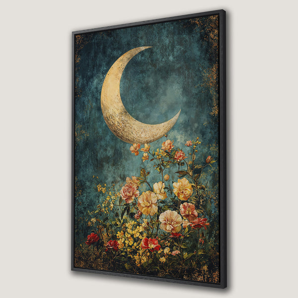 Framed Wall Art featuring a celestial design with a moon and floral arrangement. Moody teal and gold color palette, perfect for adding a touch of elegance to any space.