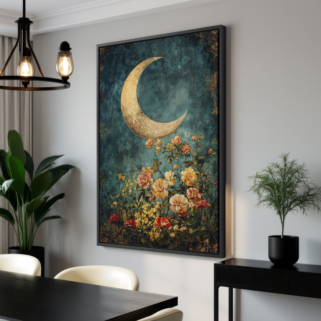 Framed Wall Art featuring a crescent moon and floral design in a vintage style with teal, gold, and peach tones. Perfect for adding a touch of elegance.