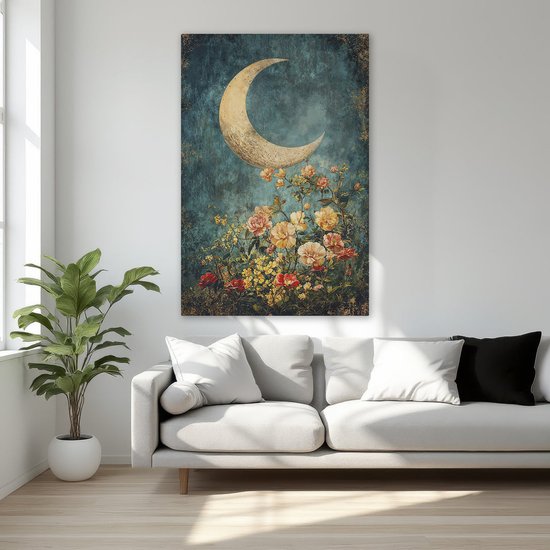 Framed Wall Art featuring a celestial moon and floral design in a teal and gold color palette. Perfect for adding a touch of elegance to any room.