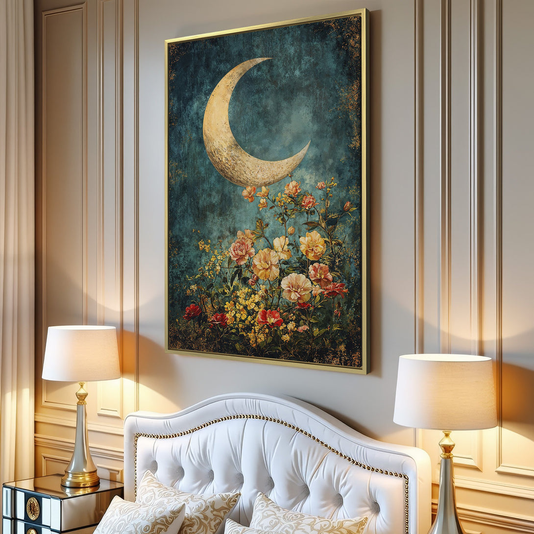 Canvas Print featuring a celestial moon and floral design. Vintage style with a teal, gold, and warm color palette, perfect for adding art to your home.