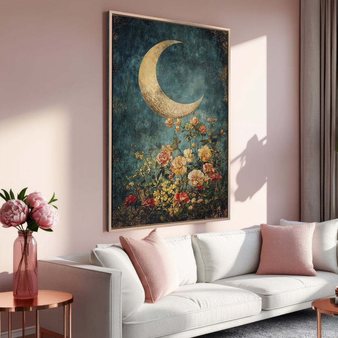 Framed Wall Art featuring a crescent moon and floral design. Moody, romantic art in teal, gold, and blush tones. Perfect for adding elegance to your home.