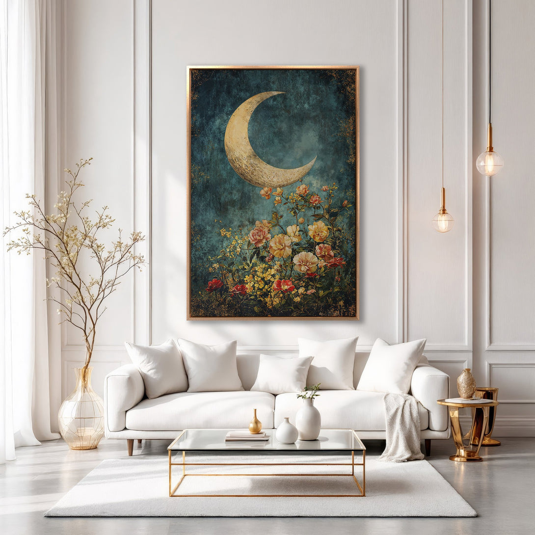 Framed Wall Art featuring a celestial moon and floral design in a teal and gold color palette, perfect for adding elegance to any space.