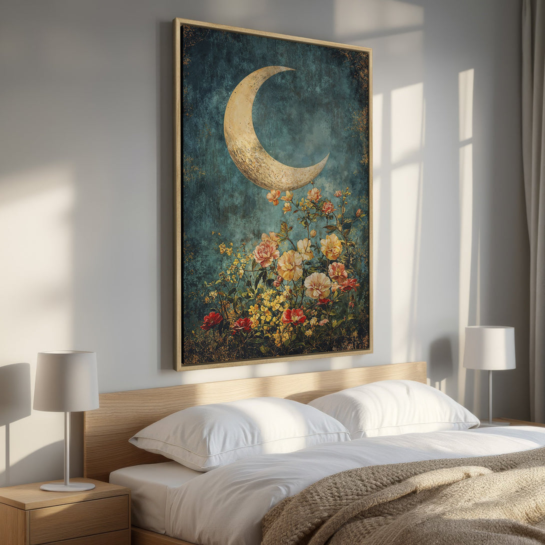 Framed Wall Art: Moon & floral design in teal & gold. Adds a touch of celestial elegance to your bedroom decor. Shop now for unique wall art!