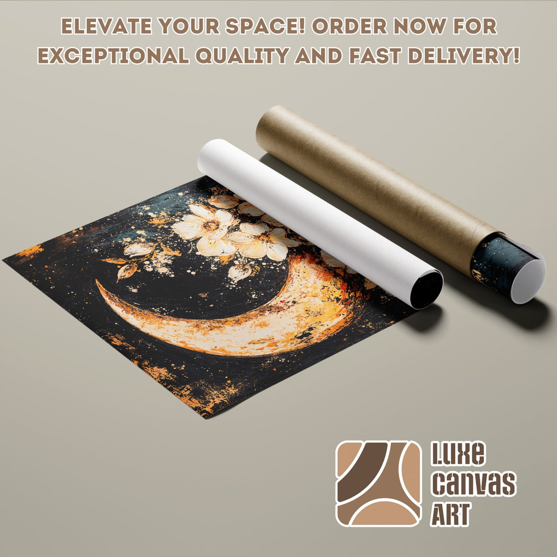 Abstract art poster roll featuring a moon and flowers in a black, gold, and white color palette. Order your poster today!