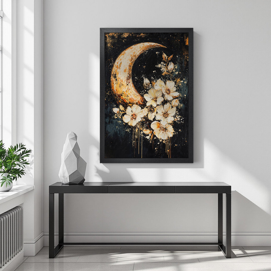 Framed Poster featuring an abstract floral design with a crescent moon, in a black, gold, and white color palette.