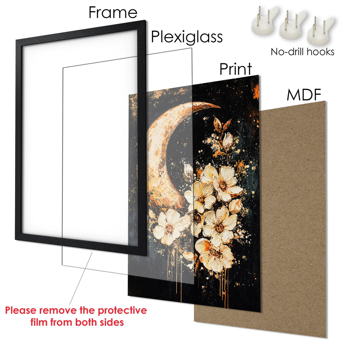 Framed Poster featuring a floral and moon design in a dark, artistic style with gold and black tones. Ready to hang!