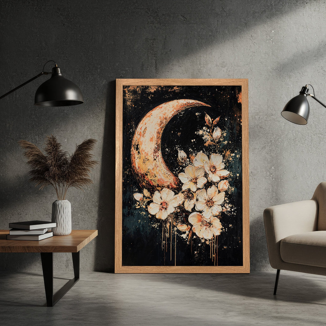 Framed Poster featuring a moon and floral art in a dark, moody style with a warm, neutral color palette. Perfect wall decor!
