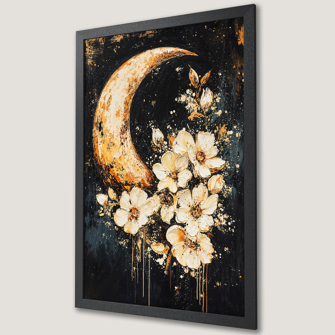 Framed Poster of a moon and floral art, with a dark, moody color palette of black, gold, and white. Modern abstract style.