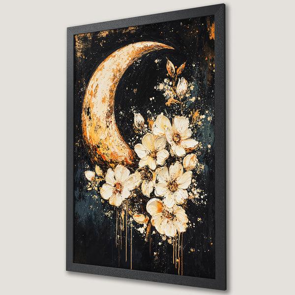 Framed Poster of a moon and floral art, with a dark, moody color palette of black, gold, and white. Modern abstract style.