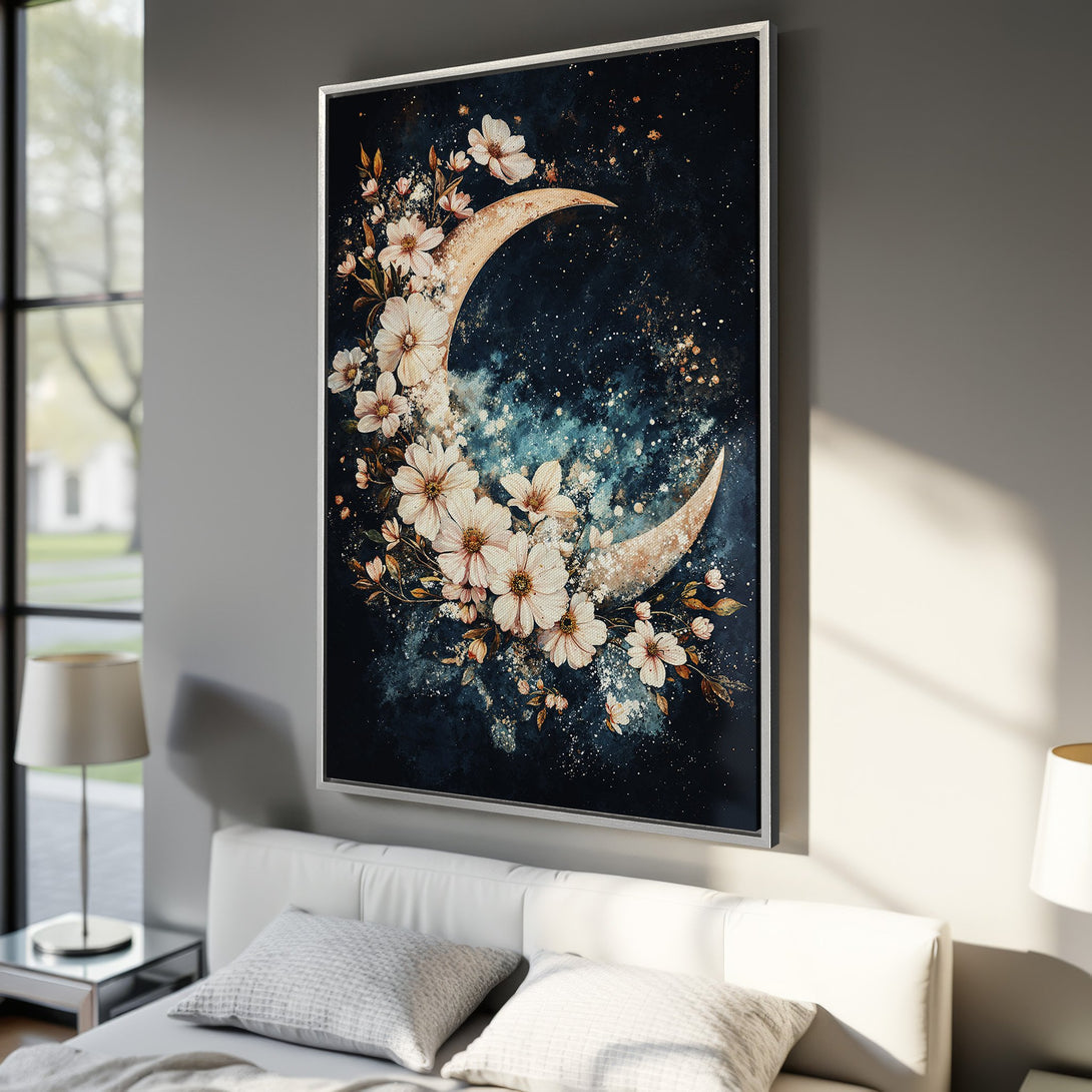 Framed Wall Art: Floral moon art print in watercolor style with a dark blue and gold color palette. Perfect bedroom decor.
