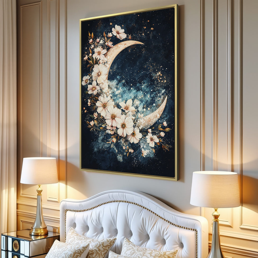 Canvas Print featuring a floral moon design in watercolor style with a dark blue and white color palette. Perfect for adding a touch of elegance.