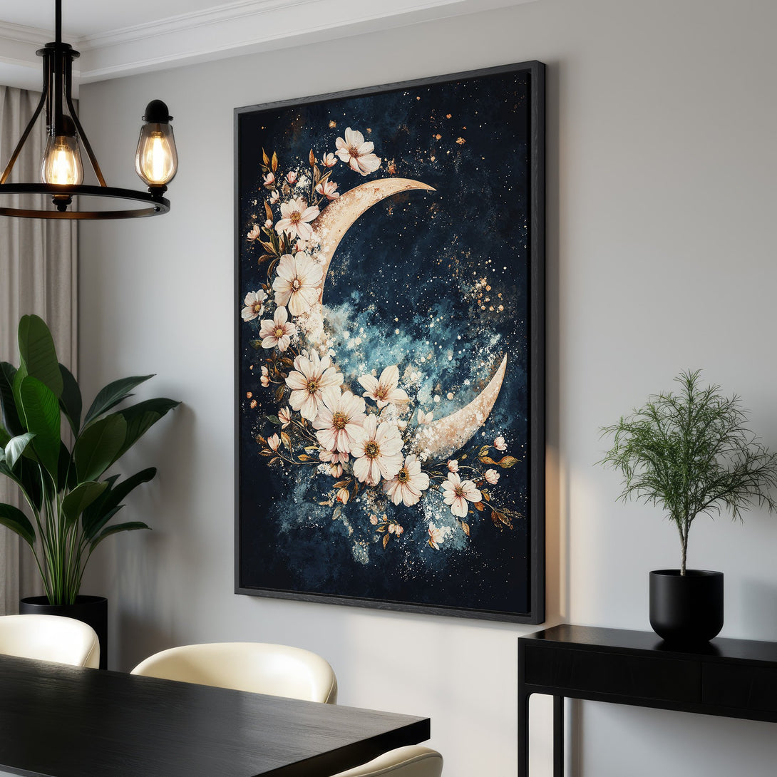 Framed Wall Art featuring a celestial moon and floral design in a dark blue and cream color palette. Perfect for adding a touch of elegance to any space.