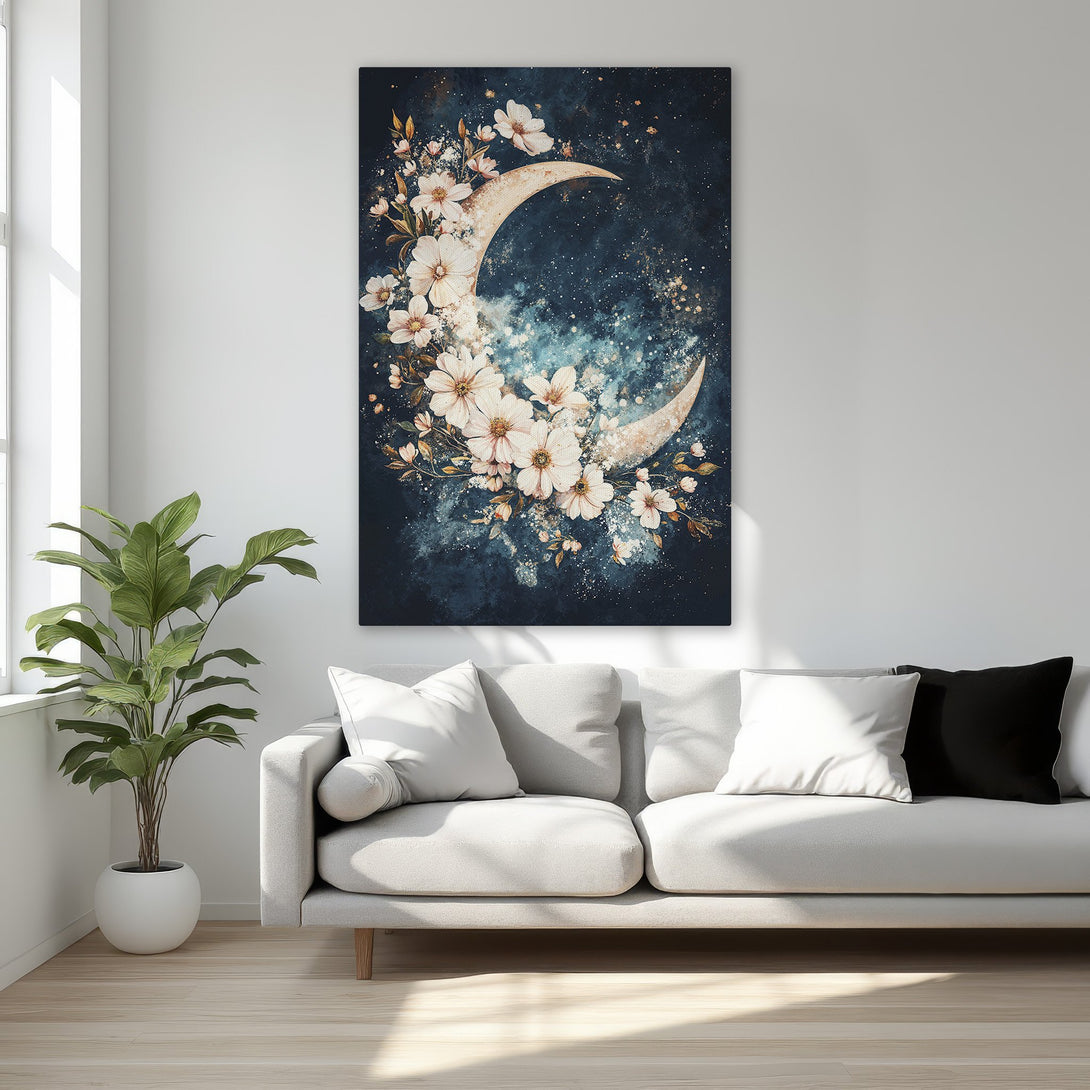 Framed Wall Art featuring a floral moon design in a dark blue and gold palette. Perfect for adding a touch of elegance to any space.