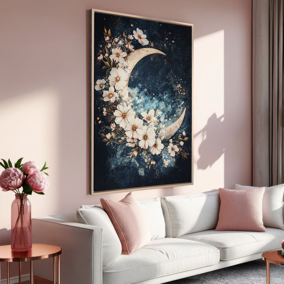 Framed Wall Art: Floral moon art print in a modern, watercolor style. Features a dark blue and gold color palette with white flowers, perfect for home decor.