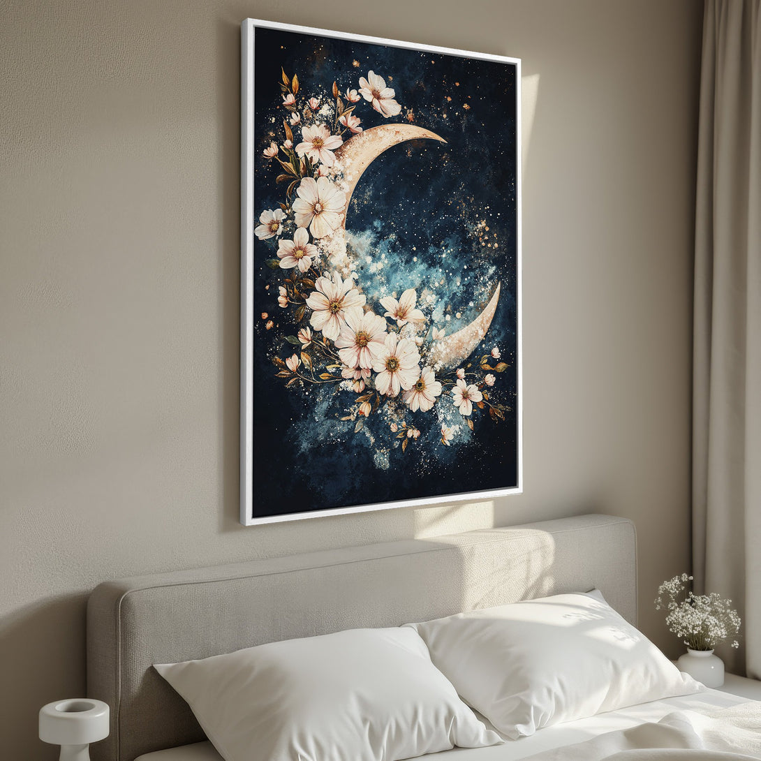 Framed Wall Art: Watercolor moon and floral print in a bedroom. Features a dark blue, cream, and white color palette. Perfect for modern decor.