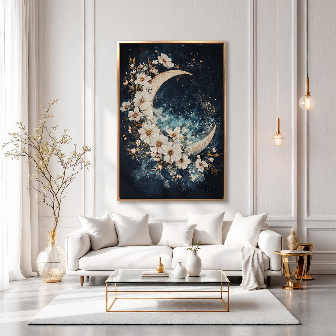 Framed Wall Art: Celestial moon & floral design in a modern, elegant interior. Dark blue, gold, and white color palette, perfect for home decor.