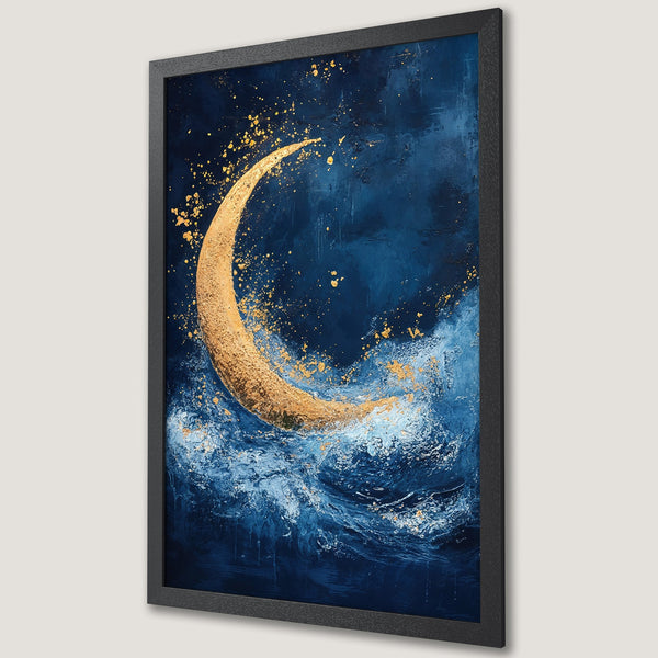 Framed Poster featuring a gold crescent moon over blue waves. Abstract art style, blue and gold color palette. Perfect wall decor!