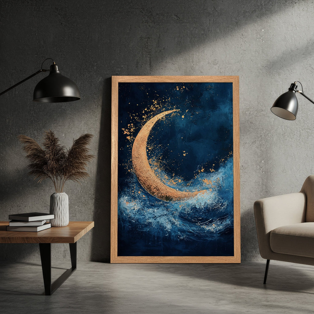 Framed Poster featuring a crescent moon art print in blue and gold. Modern abstract style, perfect wall decor.