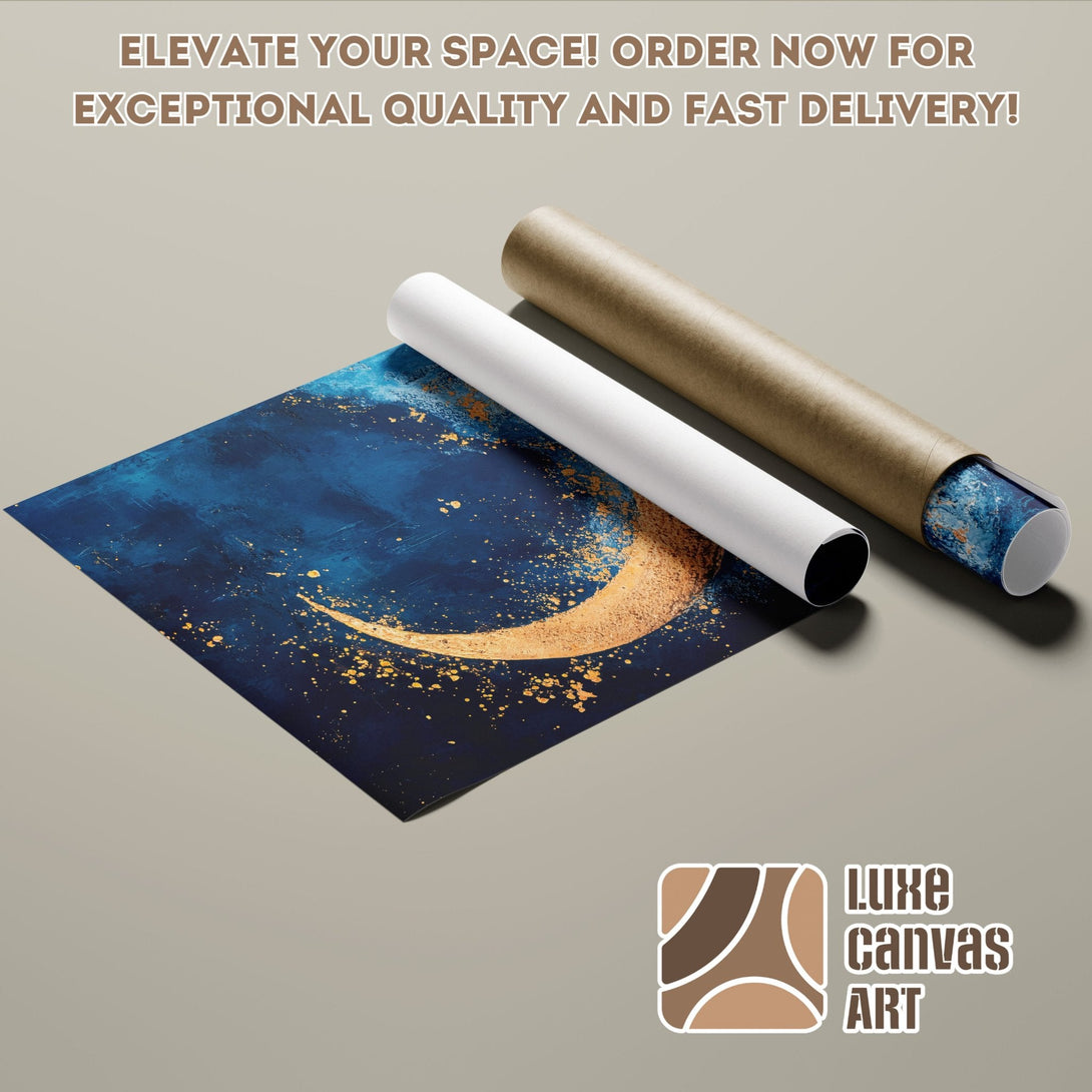 Abstract art poster roll featuring a gold crescent moon on a navy blue background. Modern style, rich color palette.