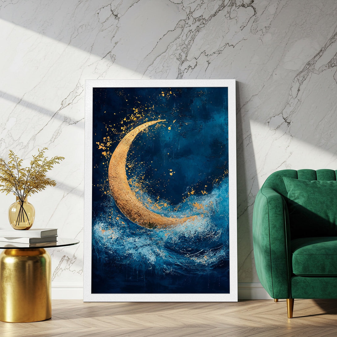 Framed Poster featuring a gold crescent moon art print. Deep blue and gold color palette, abstract style, perfect for home decor.