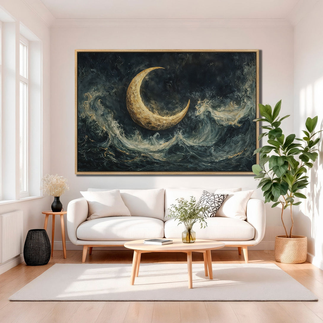 Framed Wall Art: Abstract moon and wave art print in dark blues and gold. Perfect for adding a touch of celestial elegance to your home decor.