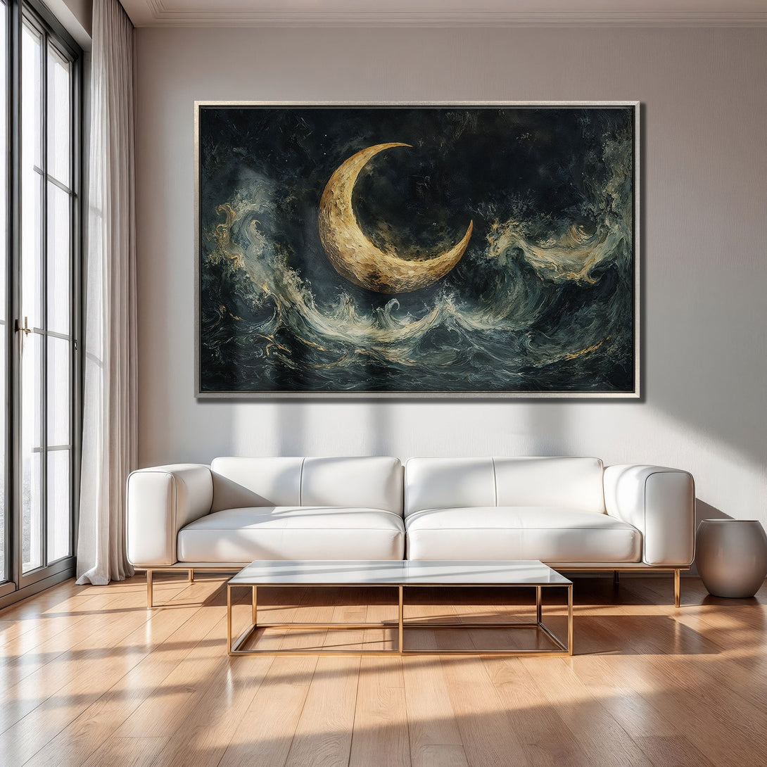 Framed Wall Art: Abstract moon over ocean in dark blue and gold tones. Modern art canvas print adds a touch of elegance to any room.
