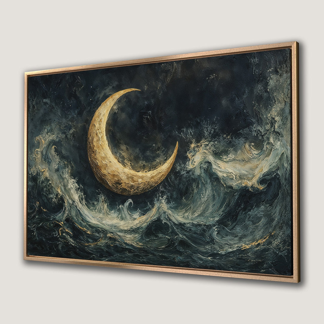 Framed Wall Art: Dramatic moon over stormy sea. Dark blue and gold palette, impressionistic style. Add a touch of mystery to your space!