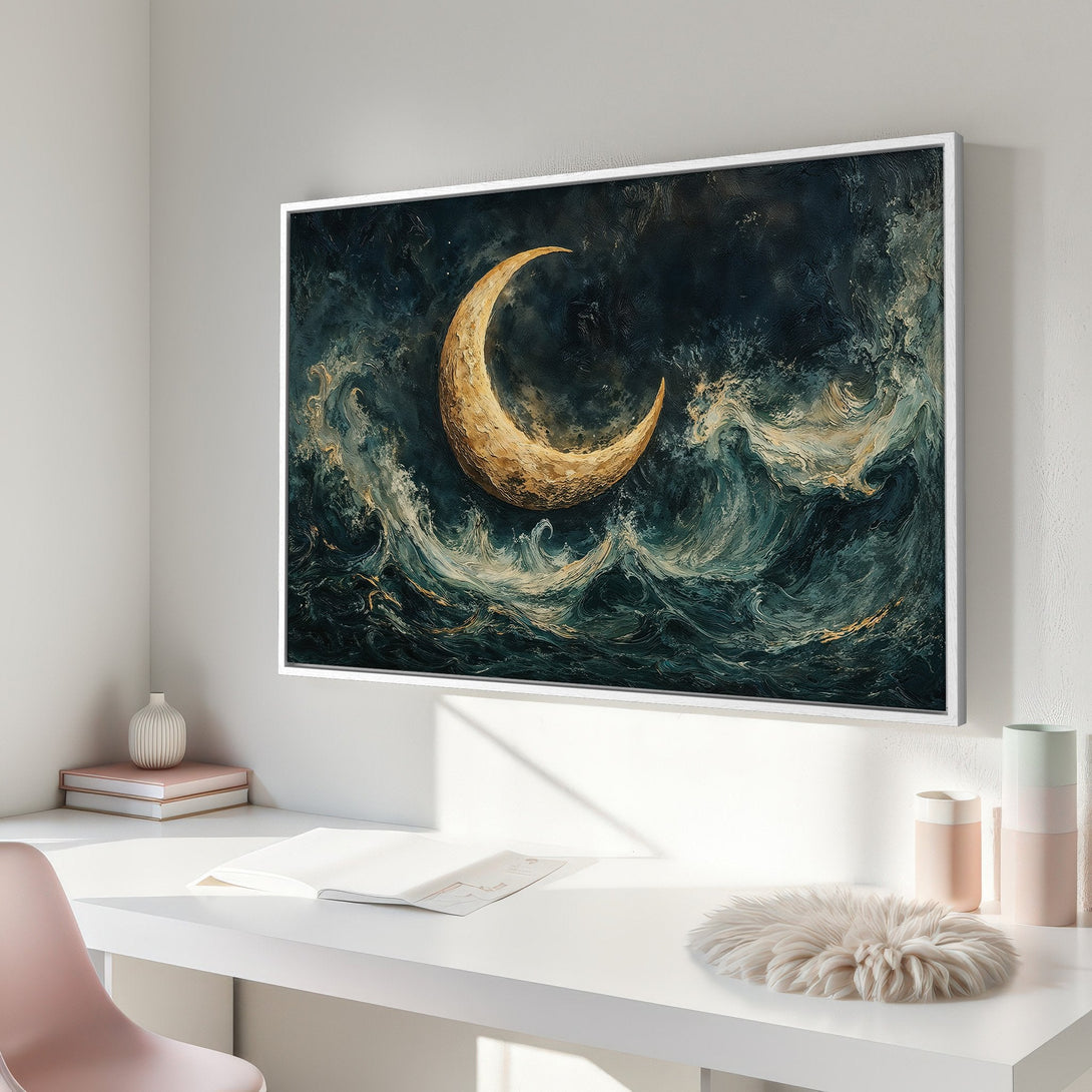 Framed Wall Art: Abstract moon and ocean scene in teal, gold, and navy. Enhance your space with this stunning Canvas Print!