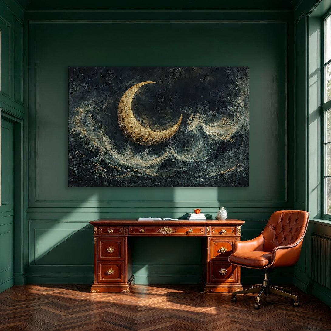 Framed Wall Art featuring a golden crescent moon over a dark ocean. Artistic style with a teal and gold color palette, perfect for any interior.
