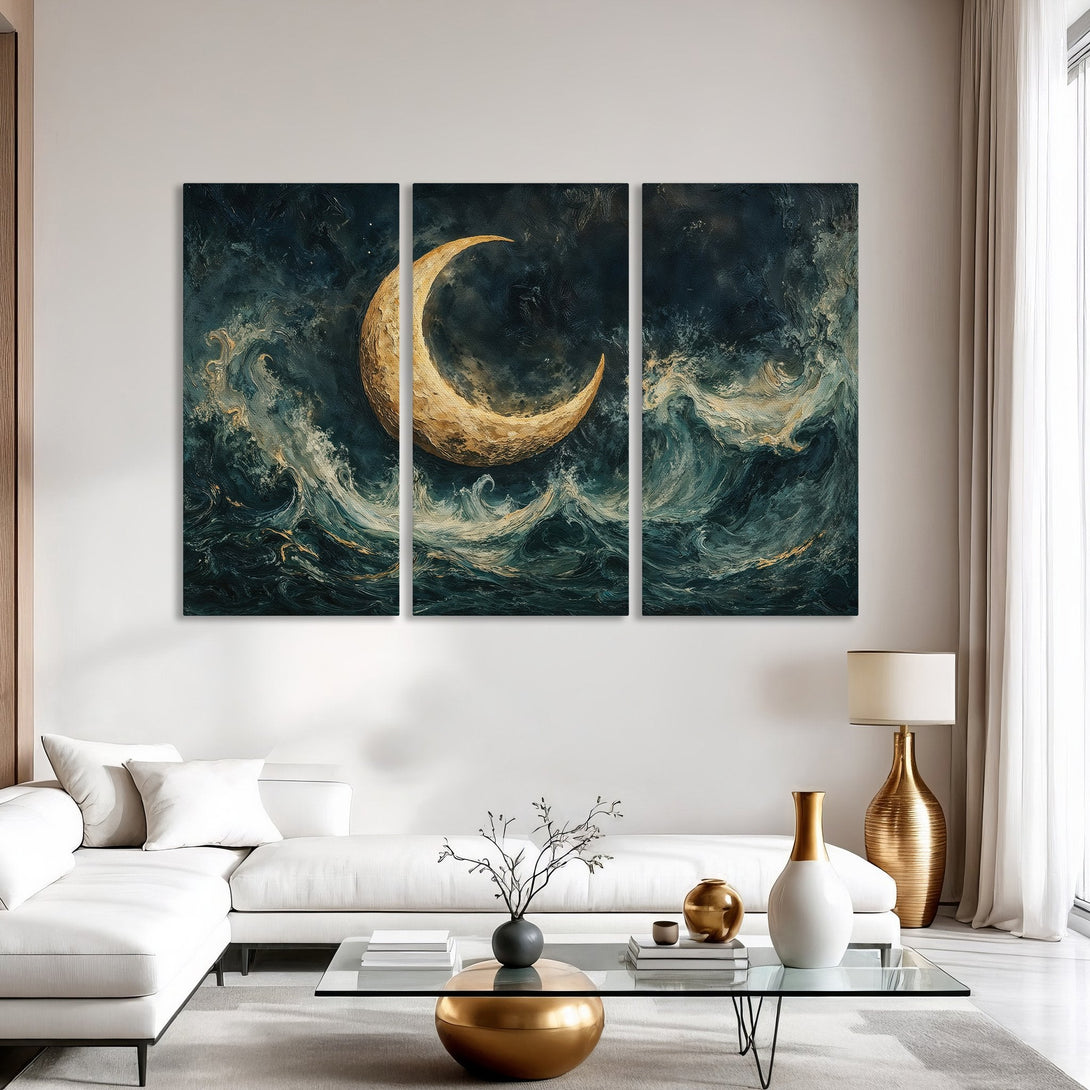 Canvas Print of a golden moon over a stormy sea, in a dark blue and gold color palette, perfect for modern interiors.
