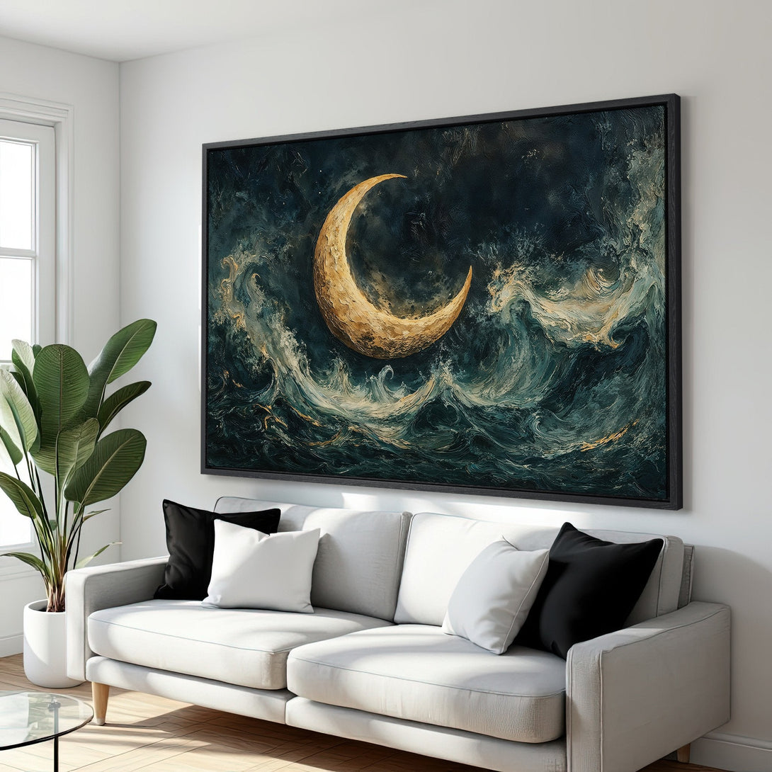 Framed Wall Art: Abstract moon over ocean. Dark teal and gold color palette. Modern canvas print for living room decor.