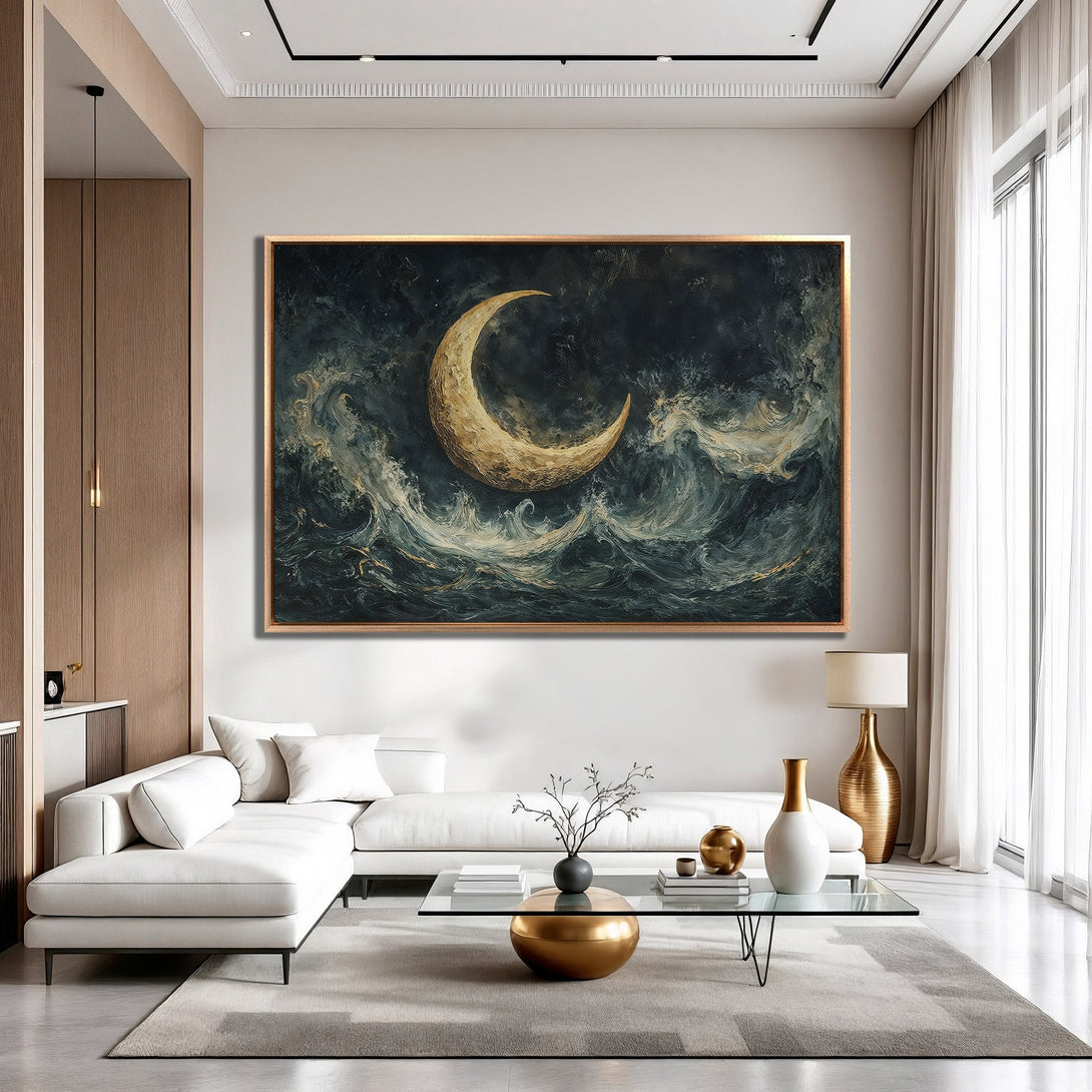 Framed Wall Art featuring a crescent moon over ocean waves. Dramatic, abstract style with a dark blue, gold, and white color palette. Perfect for modern interiors.