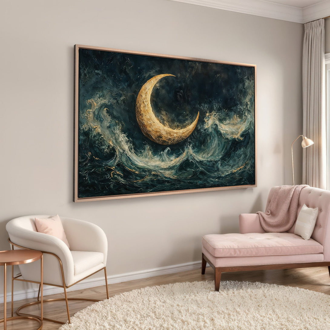 Framed Wall Art: Abstract moon over ocean canvas print in teal and gold. Transform your space with this stunning, modern art piece.