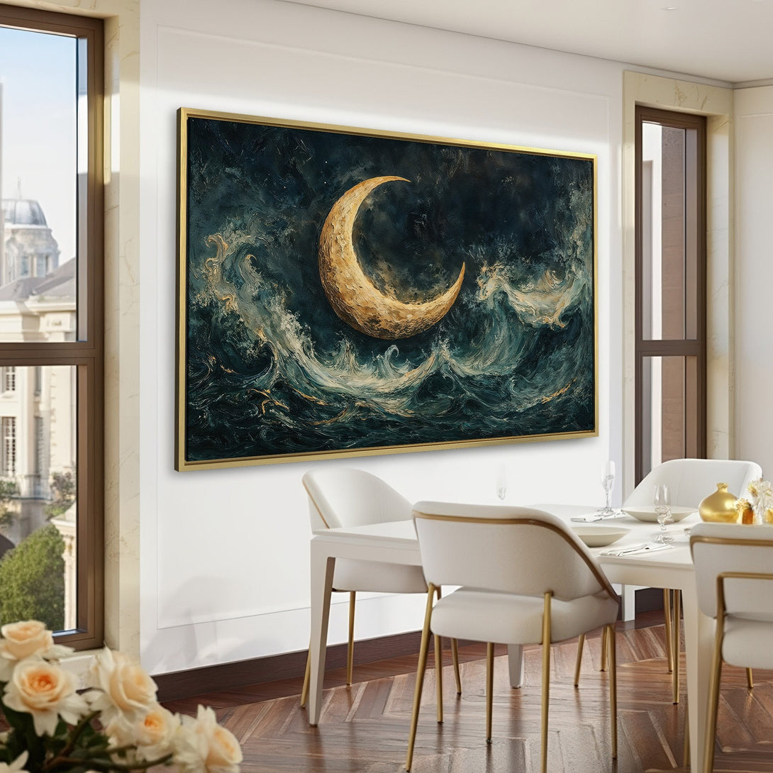 Canvas Print of a golden moon over stormy waves, dramatic art in a dark, moody palette. Perfect for adding a touch of elegance.