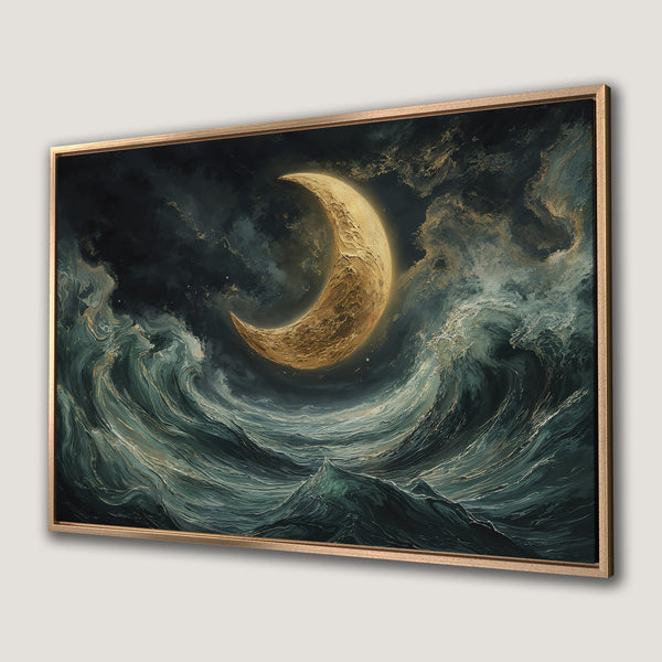 Framed Wall Art featuring a celestial seascape with a golden moon and stormy waves. Moody, artistic style in teal, gold, and dark tones.