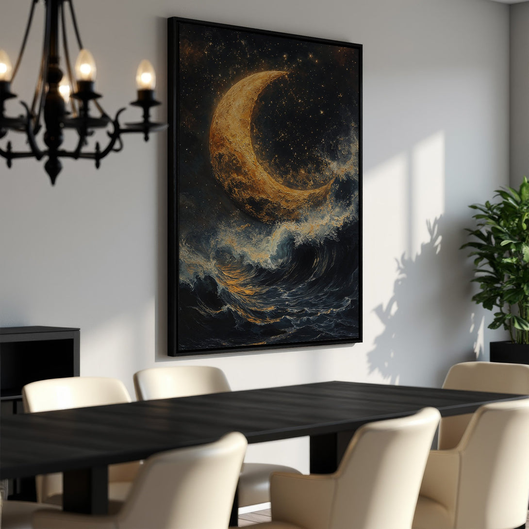Framed Wall Art: Abstract moon and ocean art print in gold and navy. Modern, elegant canvas print for living room or dining room decor.