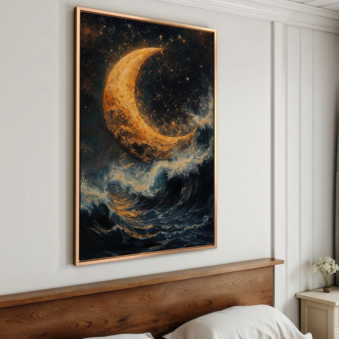 Framed Wall Art featuring a celestial moon over dark waves. Dramatic, abstract style with a gold, navy, and teal color palette. Perfect for bedroom decor.